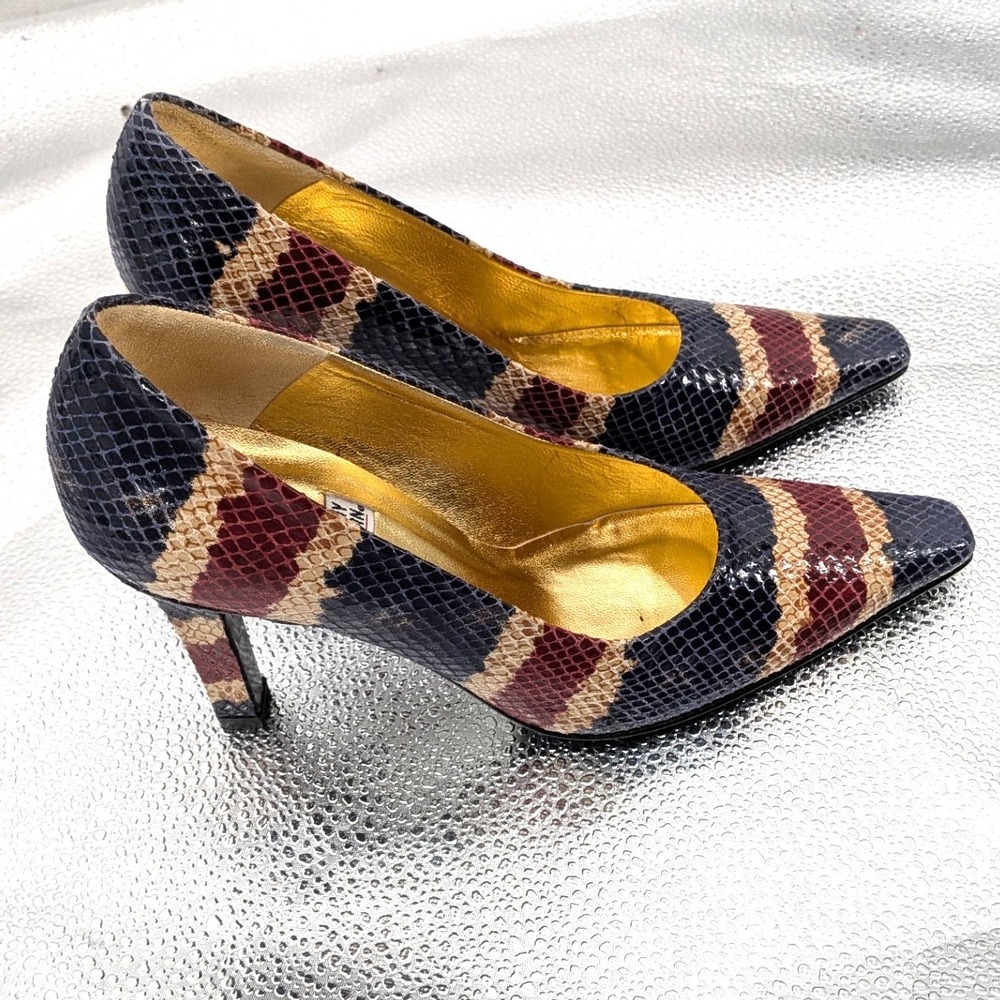 Timothy Hitsman Astor Snake Leather Pumps Navy Wine Stripe Pointed Toe 6M Spain